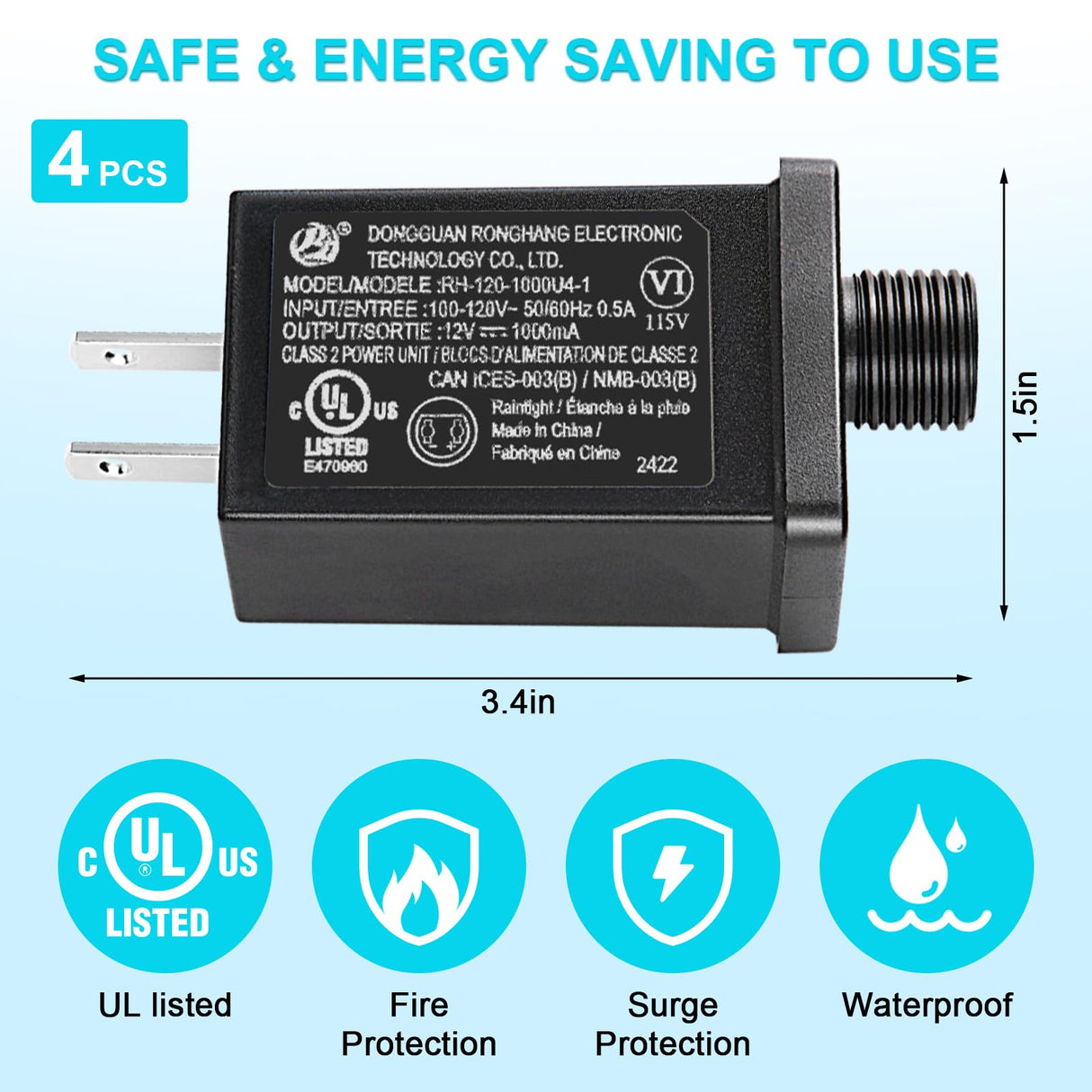4PCS Replacement Yard Inflatable Adapter 12V Class 2 Power Supply 120VAC 60Hz LED IP44 Waterproof Transformer Plug for LED Strip String Light Halloween Christmas Inflatable Decorations