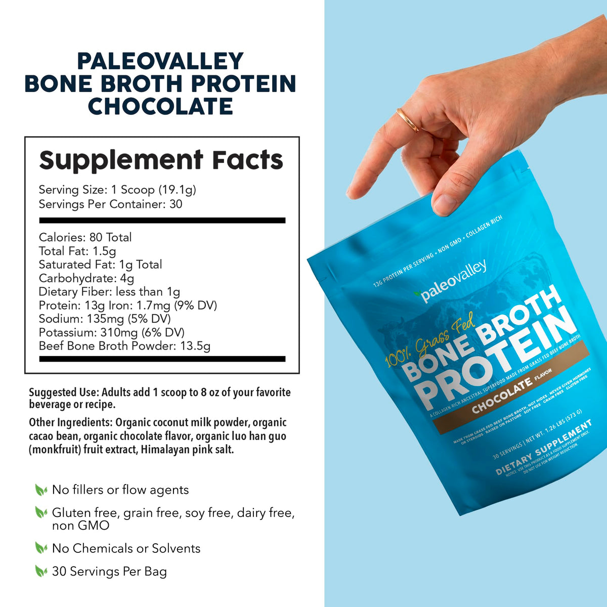 Paleovalley 100% Grass Fed Bone Broth Protein Powder, Chocolate