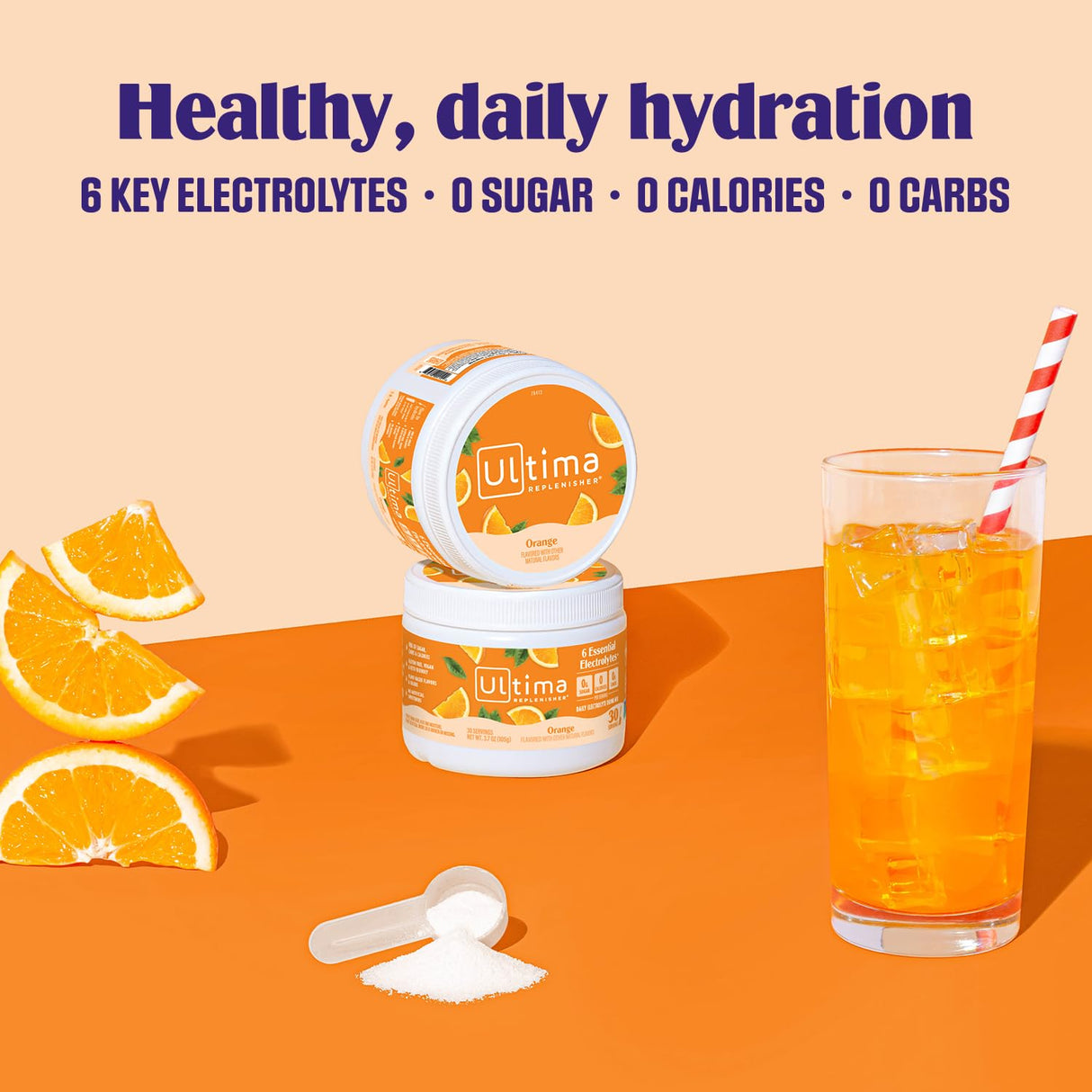 Ultima Replenisher Daily Electrolyte Powder Drink Mix – Sugar Free – Orange, 30 Servings – Hydration Powder with 6 Key Electrolytes and Trace Minerals – Keto Friendly, Vegan, Non-GMO