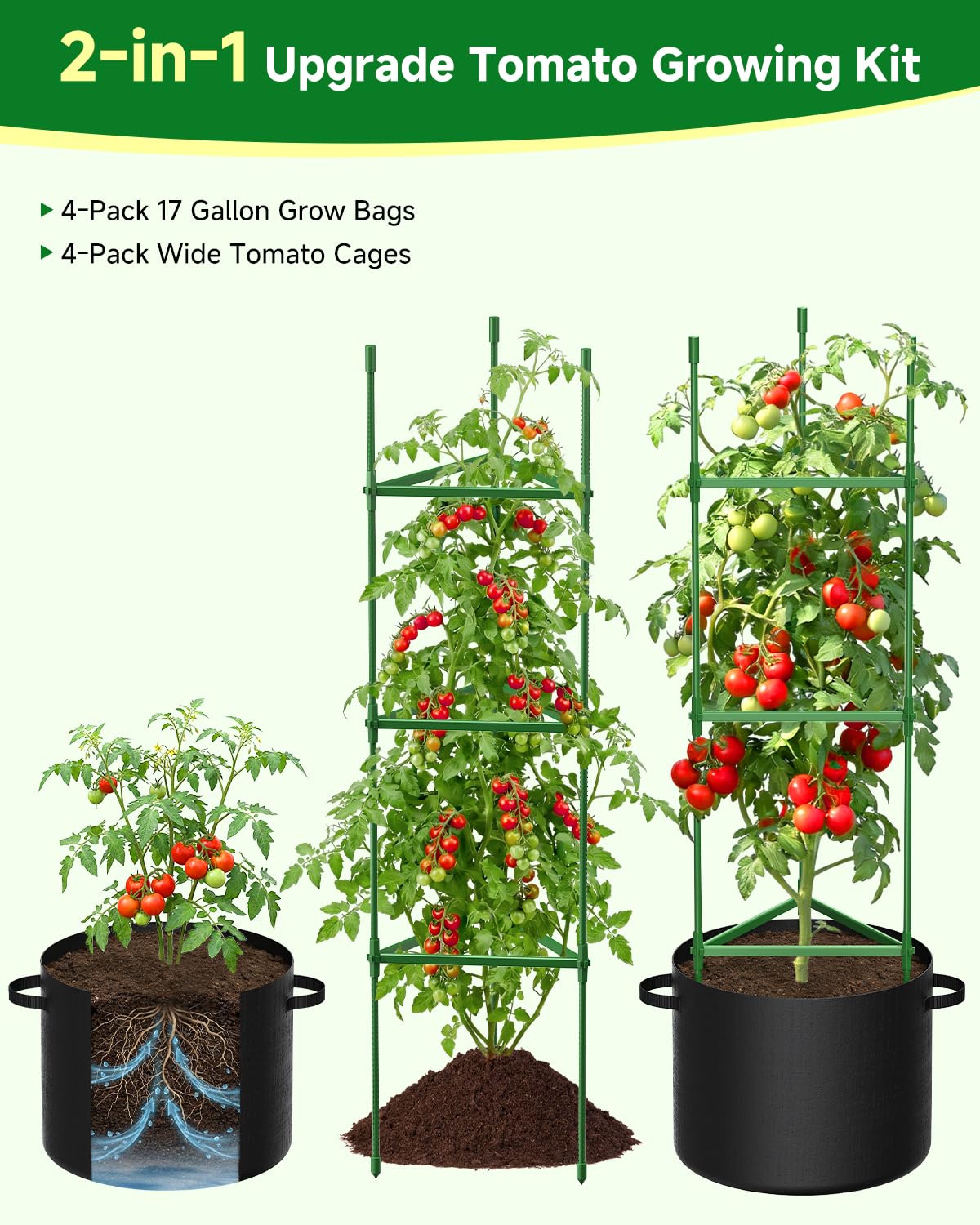 MQJIAZHI 4 Pack Tomato Trellis Cages 55 Inch Height, with 17 Gallon Square Grow Bags, Heavy Duty Tomato Plant Support Stakes for Outdoor Garden Climbing Vegetables Fruits Flowers