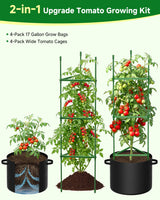 MQJIAZHI 4 Pack Tomato Trellis Cages 55 Inch Height, with 17 Gallon Square Grow Bags, Heavy Duty Tomato Plant Support Stakes for Outdoor Garden Climbing Vegetables Fruits Flowers