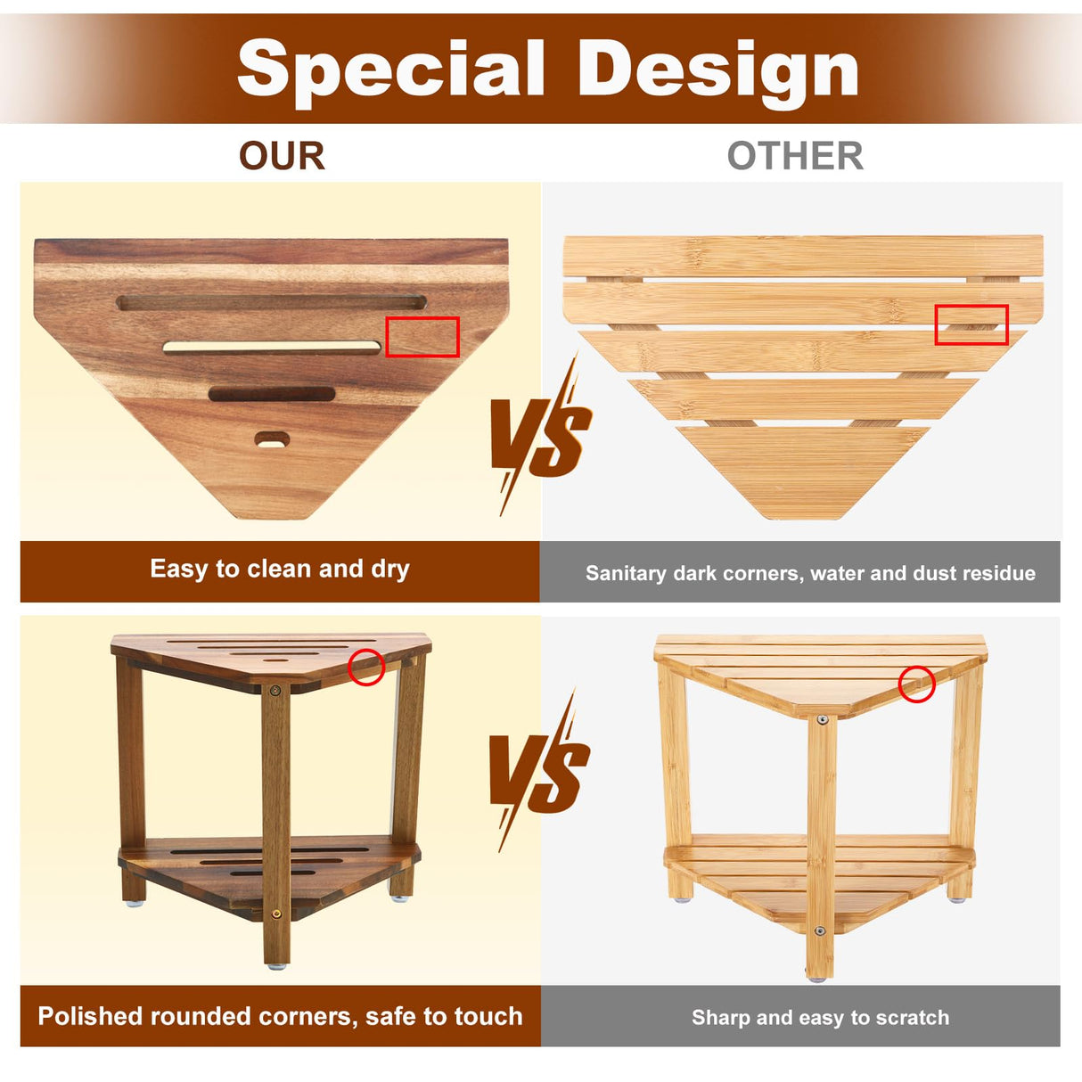 IBosins Corner Shower Stool with Storage Shelf Shower Foot Rest for Shaving Legs Small Bench for Inside Shower to Sit on Bath Seat - Acacia Wood