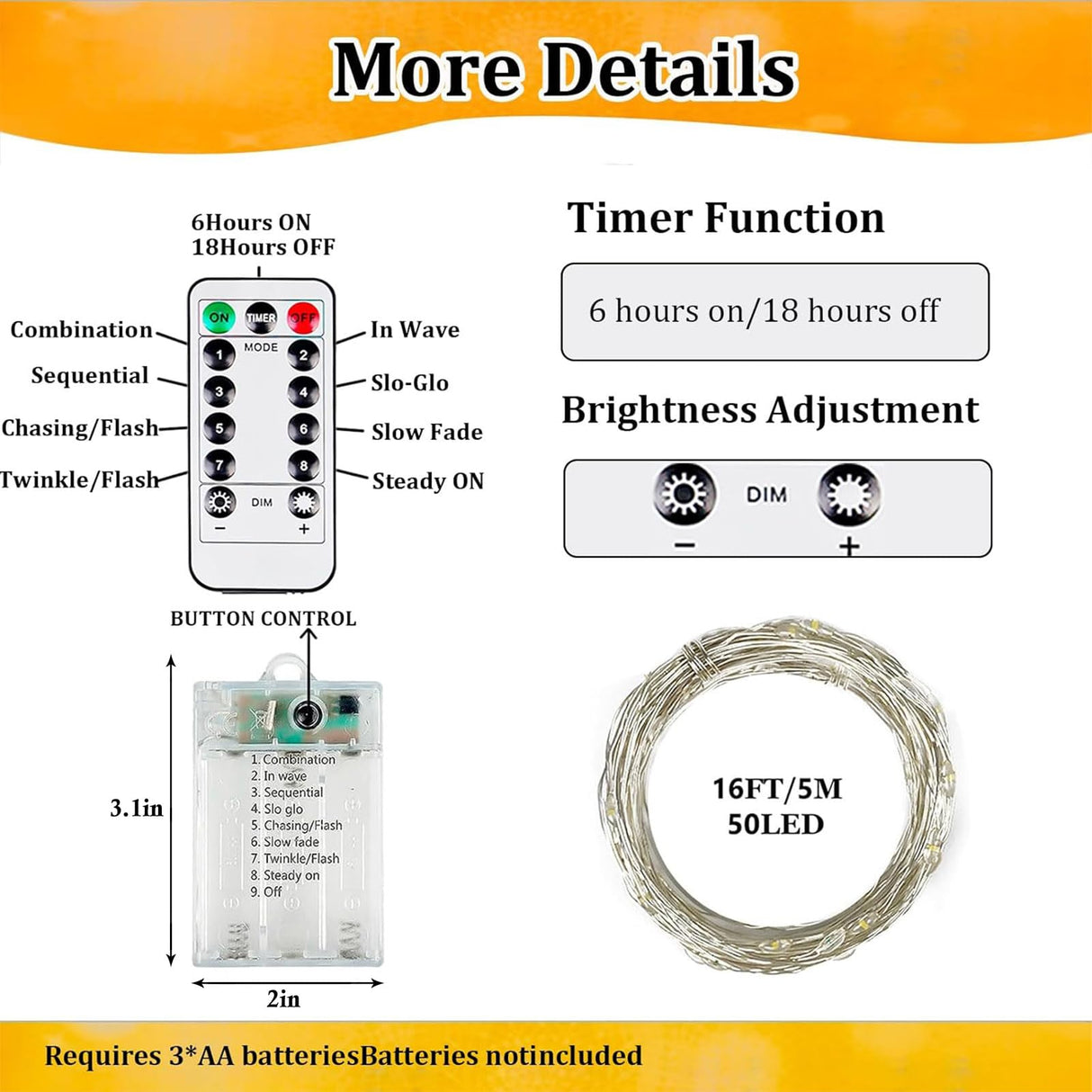 4-Pack Fairy Lights Battery Operated with Remote & Timer & 8 Modes, Waterproof 16 FT 50 LED String Lights Outdoor Indoor, Battery Twinkle Lights for Christmas Bedroom Centerpiece Décor (Warm White)