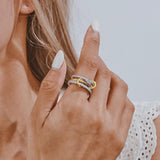 AllenCOCO 14K Gold & White Gold Plated Stackable Rings, Interlocking 3-Band Ring Set with Cubic Zirconia for Women Statement Size 7