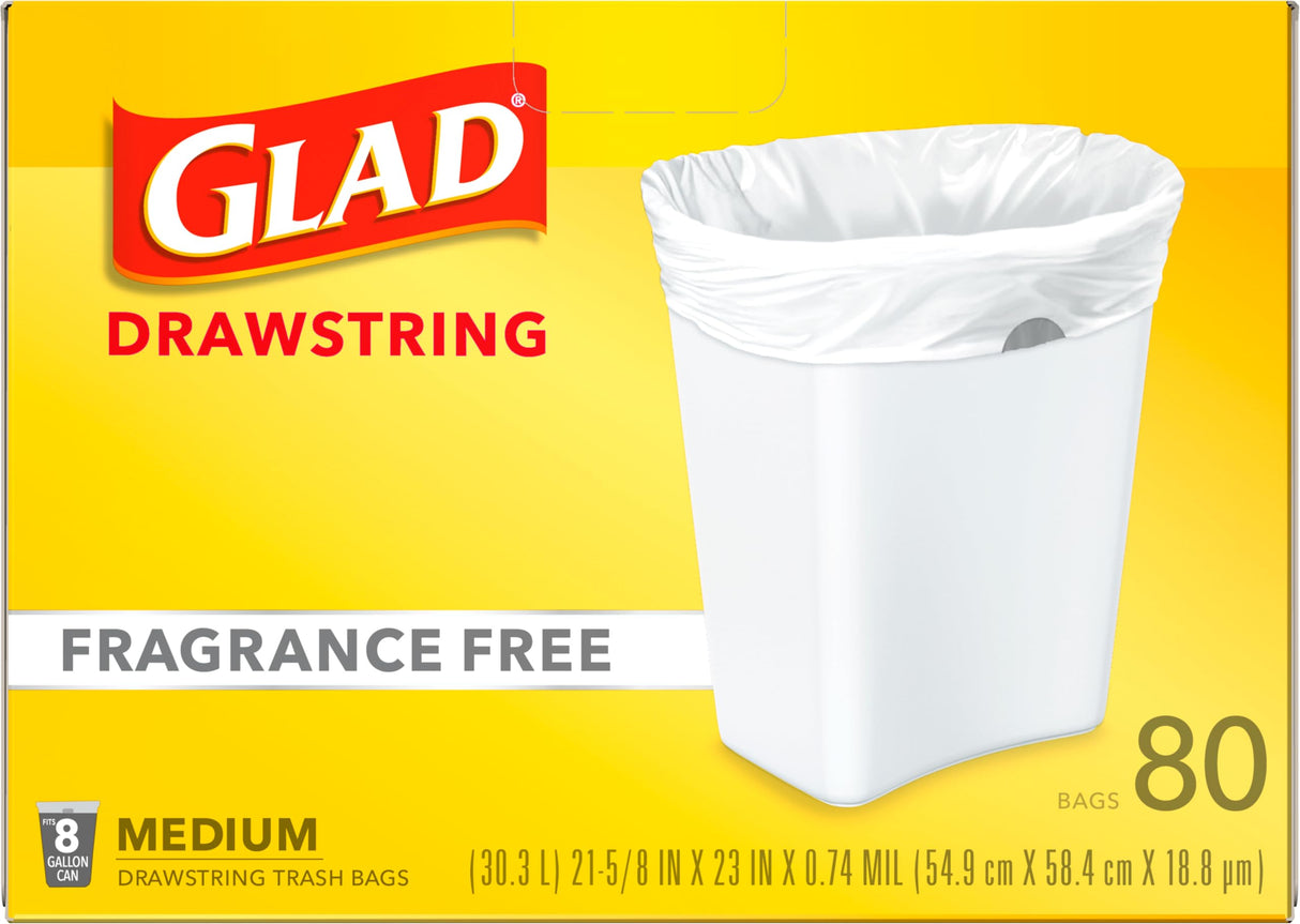 Glad Small Trash Bags 8 Gallon, Fragrance Free Garbage Bags, Odor Resistant with Drawstring, 80 Count