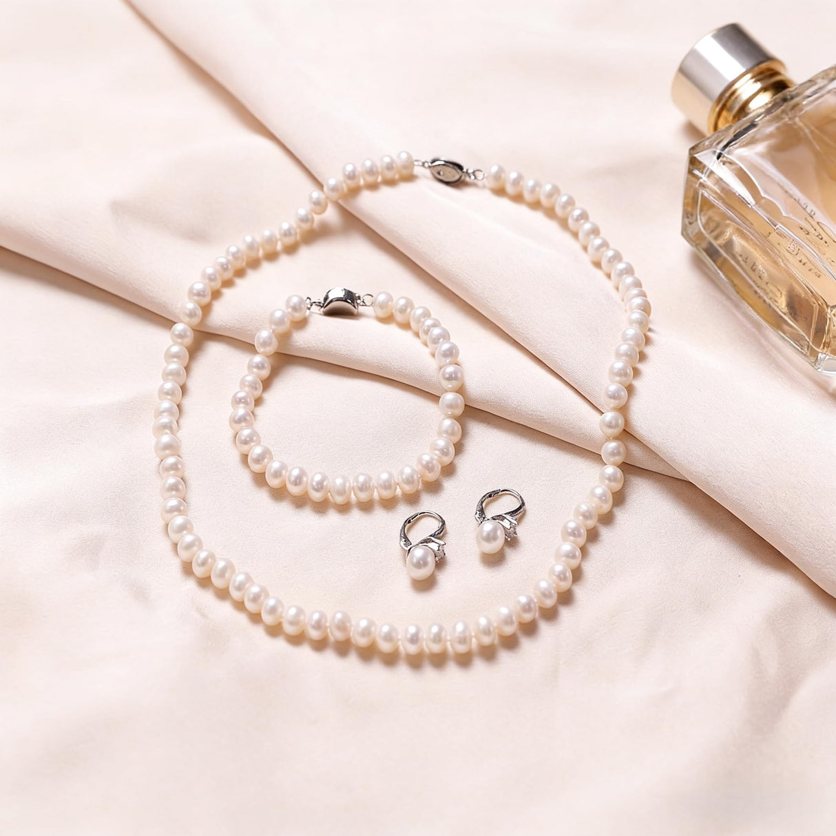 Freshwater Pearl Necklace Set Includes Bracelet and Earrings Genuine Pearl Set Jewelry for Women 925 Sterling Silver Pearl Jewelry for Mother's Day, Anniversary, Birthday, Valentine's Day, Wedding