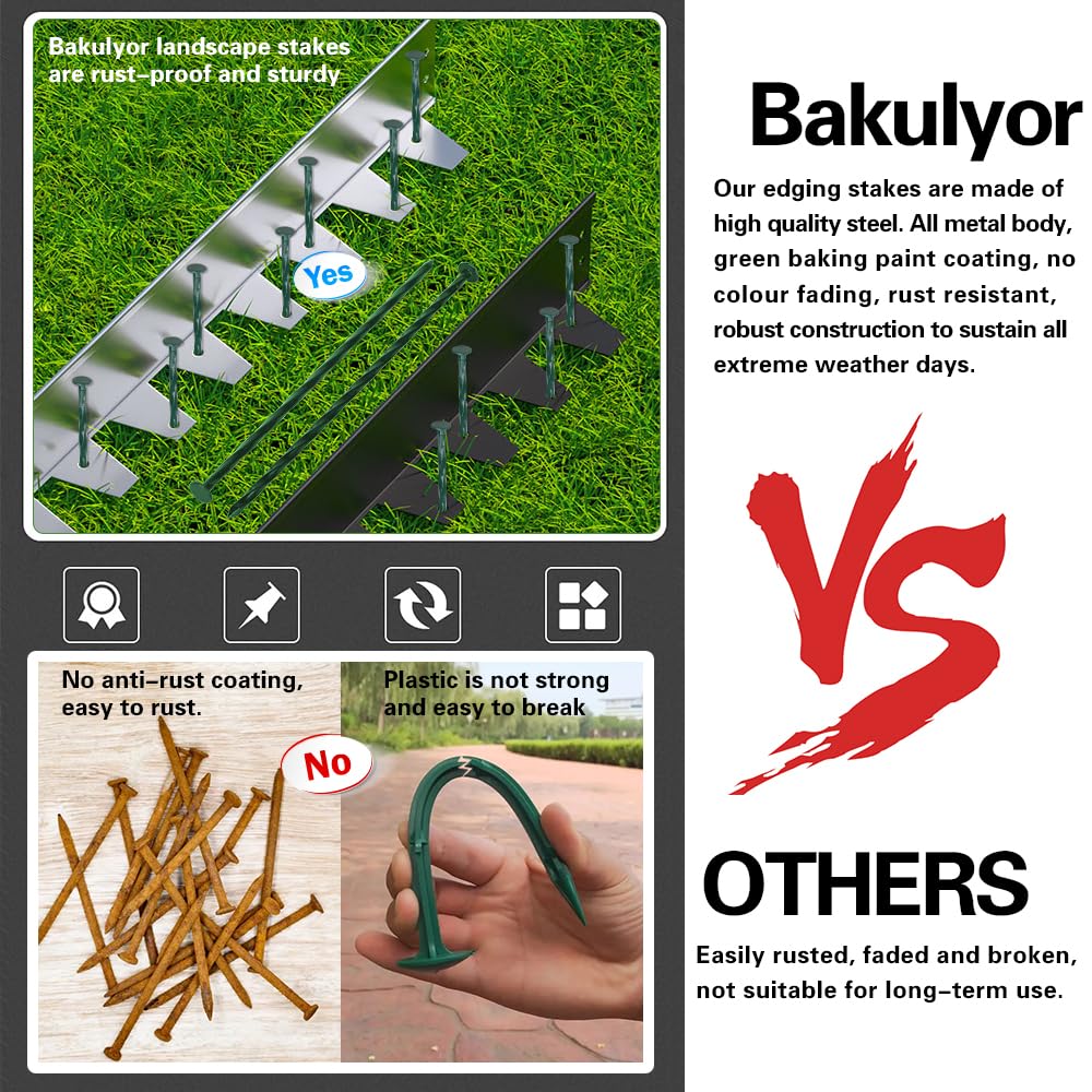 Bakulyor 100 Pack Metal Landscape Stakes, 8 Inch Artificial Grass Nails, 6 Gauge Large Landscaping Staples, Green Edging Anchor Stake for Garden Ground Lawn Paver Timber Border Weed Barrier Spikes 8"