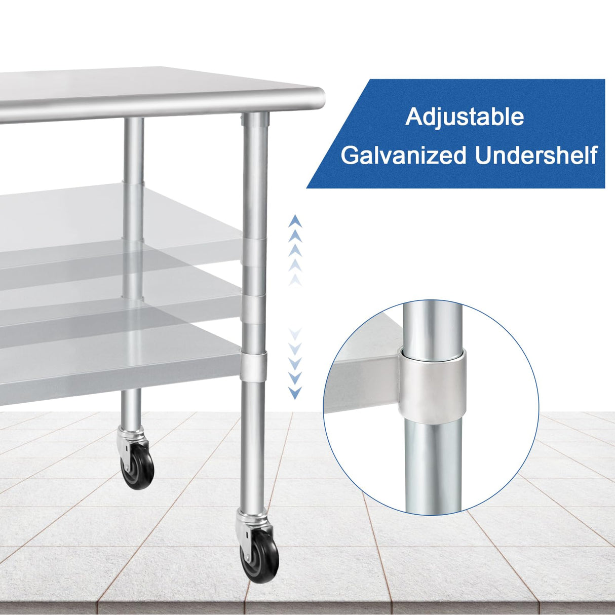 HARDURA Stainless Steel Table with Wheels 30 x 72 Inches Casters NSF Heavy Duty Commercial Prep Table with Undershelf and Galvanized Legs for Food Prep