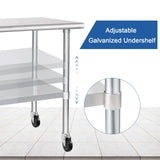 HARDURA Stainless Steel Table with Wheels 30 x 72 Inches Casters NSF Heavy Duty Commercial Prep Table with Undershelf and Galvanized Legs for Food Prep