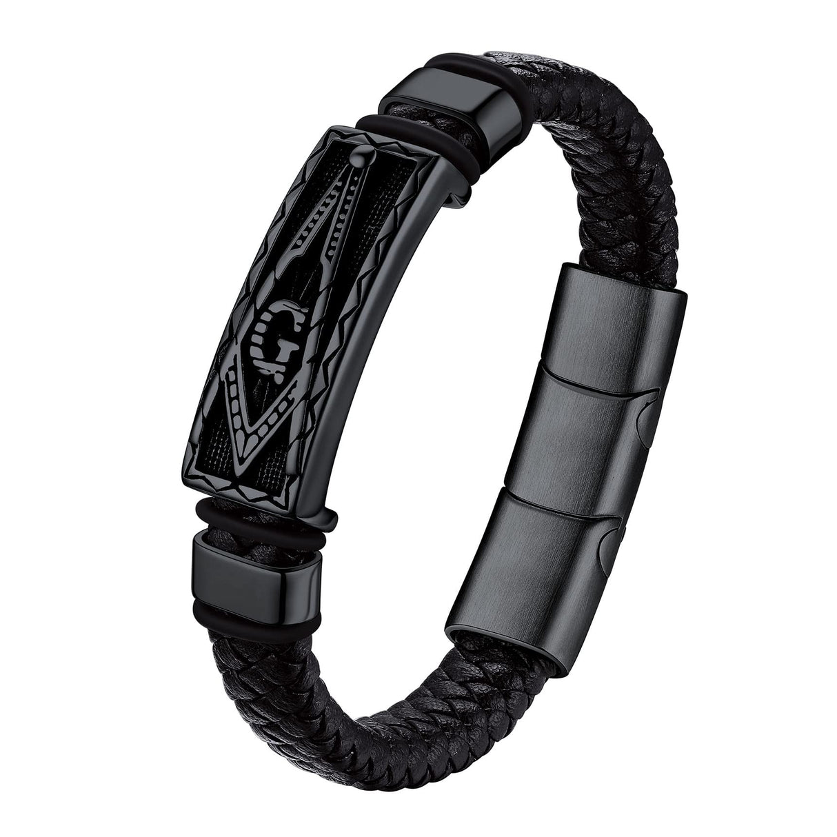 Bestyle Solid Black Freemason Symbol Masonic Leather Braided Bracelets for Men Vintage Cuff Bangle Bracelets Wrist Leather Band With Study Clasp