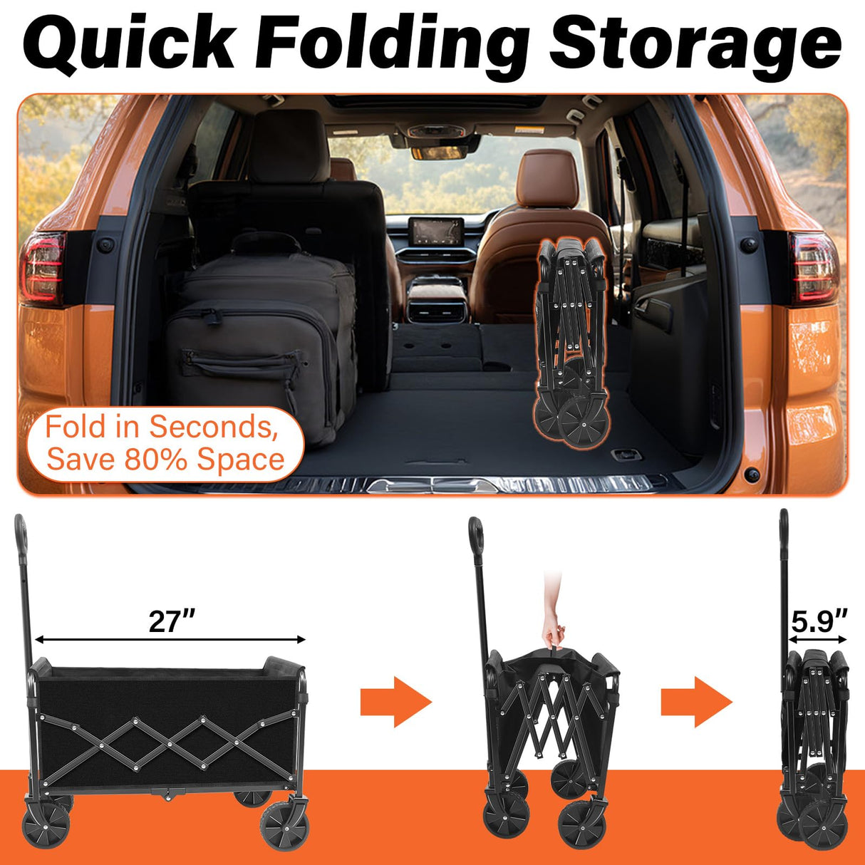 Wagons Carts Foldable - 280Lbs Collapsible Wagon Cart with Wheels Portable - Folding Wagon Lightweight for Camping, Sports, Travel, Picnic, Groceries, Shopping