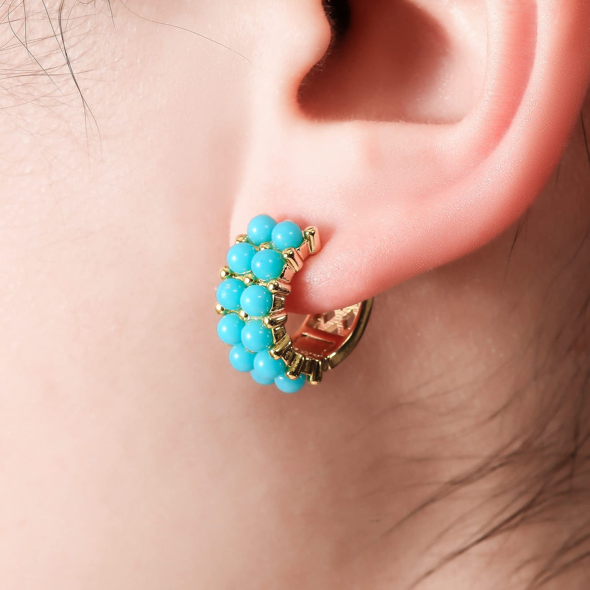 Simulated Turquoise Huggie Hoops Earrings For Women-Small Gold Plated, Boho Unique Dainty Everyday Wear