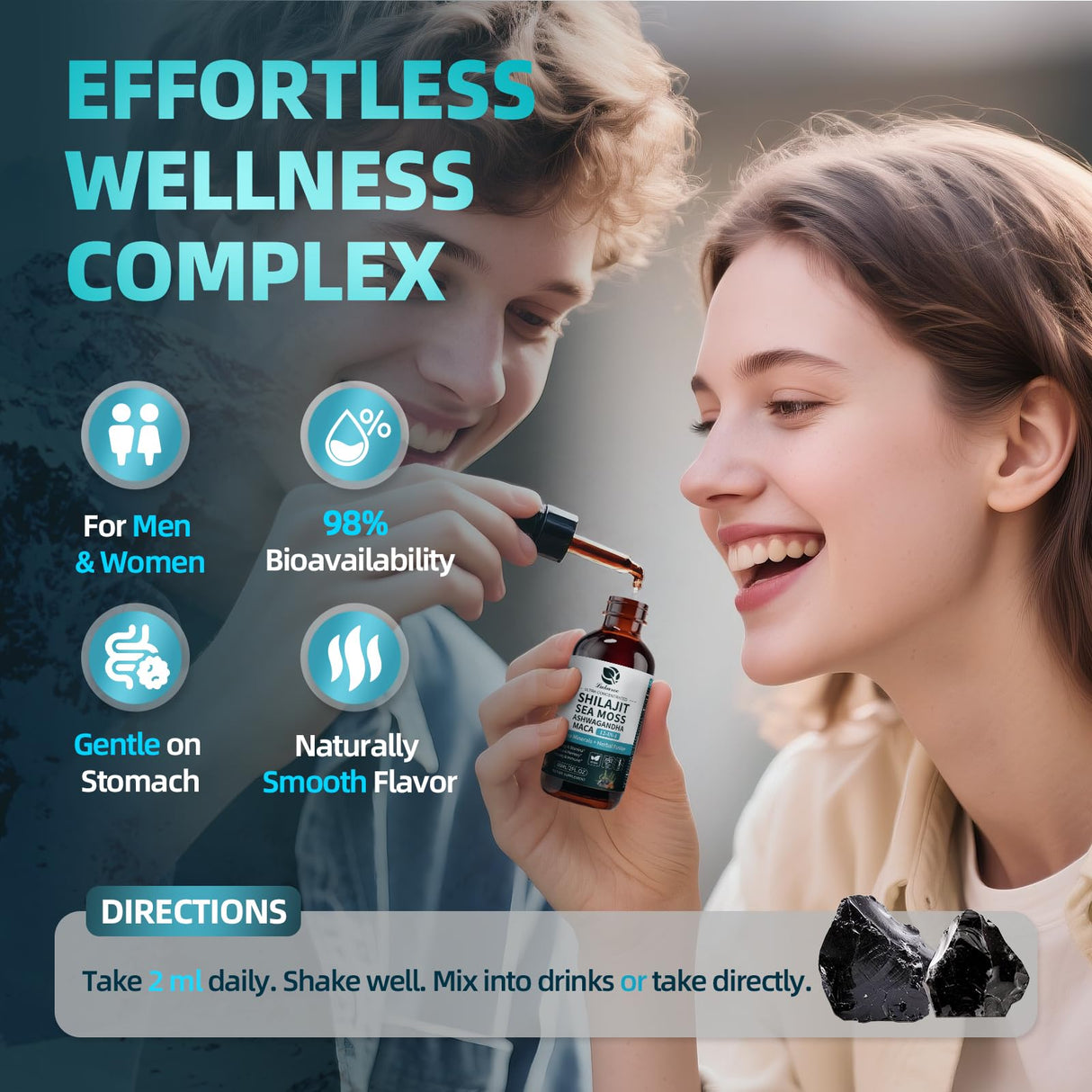 Shilajit Liquid Drops, 12-in-1 Complex - Sea Moss, Ashwagandha, Maca, Fulvic Acid, Trace Minerals, Liquid Vitamins Supplement for Men and Women, Energy, Antioxidant, Immune Support, 60ML/2 FL Oz