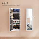 SONGMICS 6 LEDs Mirror Jewelry Cabinet, 47.2-Inch Tall Lockable Wall or Door Mounted Jewelry Armoire Organizer with Mirror, 2 Drawers, 3.9 x 14.6 x 47.2 Inches, White UJJC93W