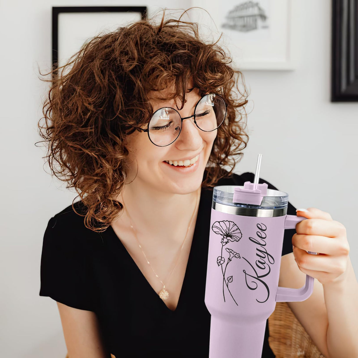 Elemtansy Personalized 40 Oz Tumbler with Handle and Straw, Custom Cup with Name & Birth Flower, Stainless Steel Travel Coffee Tumbler,Personalized Christmas Birthday Gifts for Women, Teen Girls