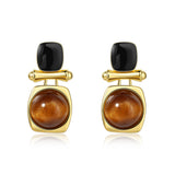 Sylph Tiger Eye Stud Earrings for Women, 18K Gold Plated and Black Brown Stone Dangle Drop Earring, Tigers Eye Jewelry Gifts