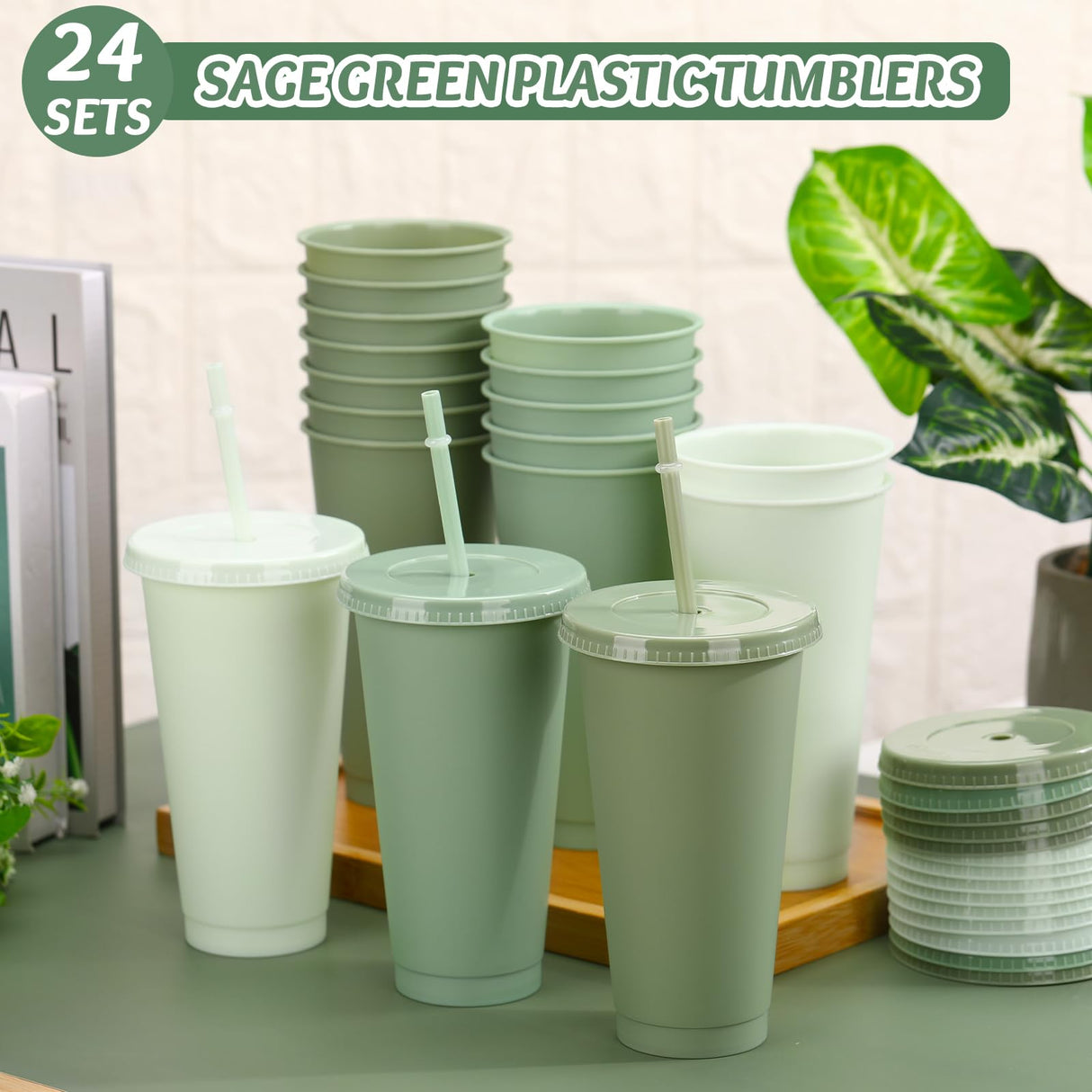 Skylety 24 Pcs Sage Green Plastic Cups with Lids and Straws 24 oz Reusable Tumbler Large Travel Mug Cup Coffee Beverage Drinks Party Supplies for Christmas Wedding Bridal Baby Shower Birthday