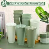 Skylety 24 Pcs Sage Green Plastic Cups with Lids and Straws 24 oz Reusable Tumbler Large Travel Mug Cup Coffee Beverage Drinks Party Supplies for Christmas Wedding Bridal Baby Shower Birthday