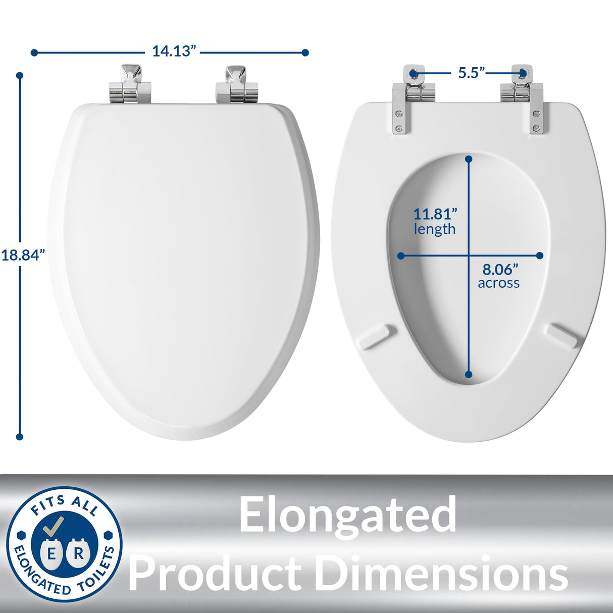 Mayfair Bennett Toilet Seat with Chrome Hinges, Slow Close Wood Seat, Secure Metal Hinges, Easy Install, Made in USA, Elongated, White