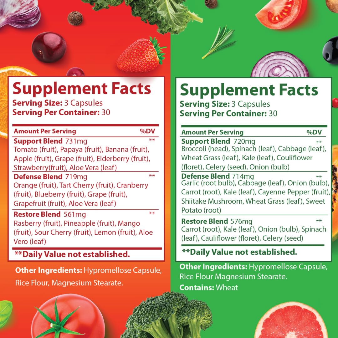 Just Ripe Nutrition Fruits and Veggies Supplement - 90 Fruit and 90 Vegetable Capsules - 100% Whole Natural Superfood - Filled with Vitamins and Minerals - Supports Energy Levels (2 Pack)