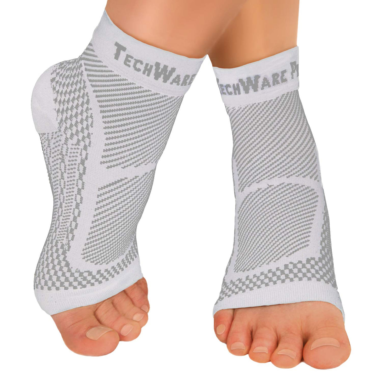 TechWare Pro Ankle Brace Compression Sleeve - Relieves Achilles Tendonitis, Joint Pain. Plantar Fasciitis Foot Sock with Arch Support Reduces Swelling & Heel Spur Pain. (White, XXL)