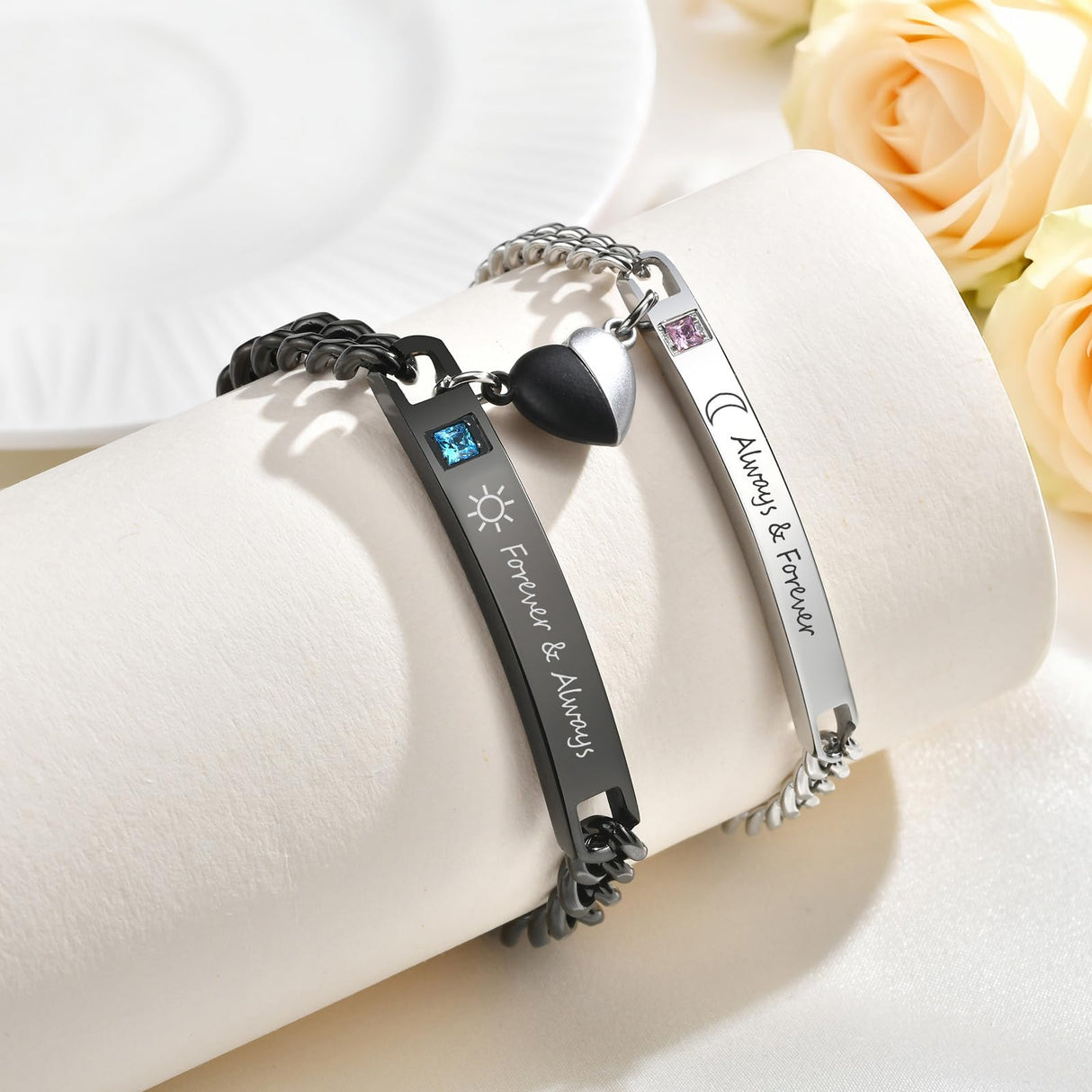 MEALGUET Always & Forever Couple Bracelets - Pinky Promise Always and Forever Engraved Stainless Steel Curb Link Couple Bracelets for Men Women, His and Hers Promise Gift for Boyfriend Girlfriend