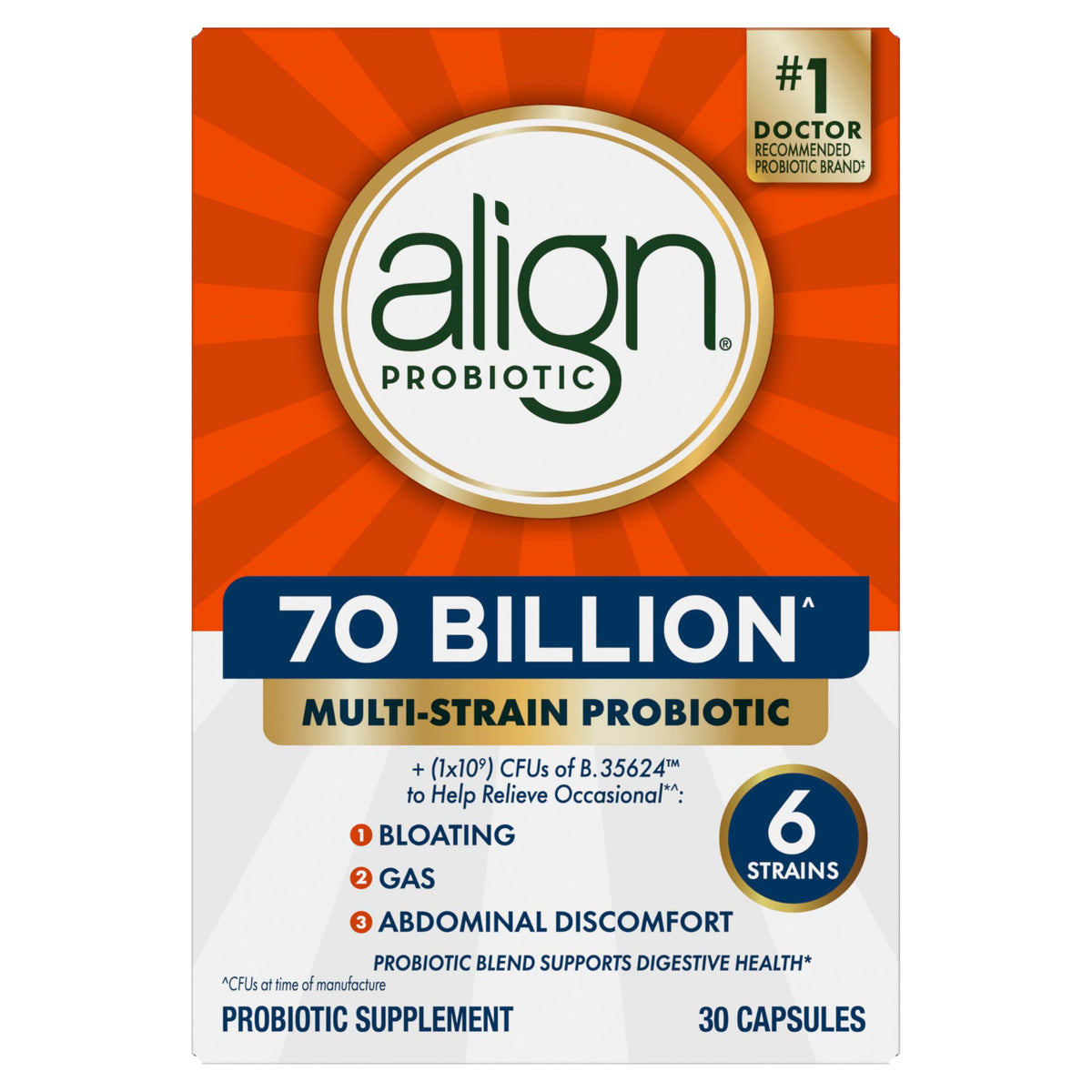 Align Probiotic, 70 Billion CFU, 6 Strain Blend, Probiotics for Women and Men, Daily Probiotics for Digestive Health, Helps Relieve Occasional Bloating & Gas 30 Capsules