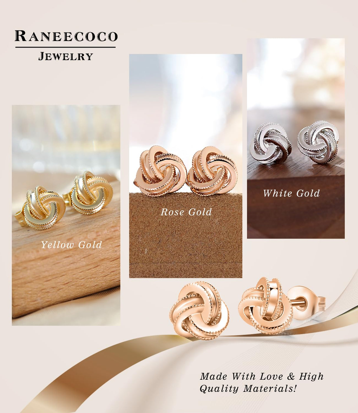 Gold Plated Sterling Silver Studs Love Knot Earrings For Women | Hypoallergenic & Nickle Free Jewelry for Sensitive Ears (8, white-gold-plated-silver)