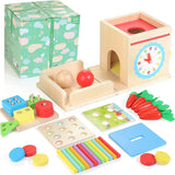 Kizfarm Wooden Montessori Baby Toys, 8-in-1 Wooden Play Kit Includes Object Permanent Box, Coin Box, Carrot Harvest, Shape Sorting & Stacking - Christmas Birthday Gift for Boys Girls Toddlers