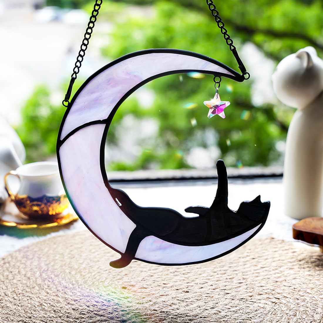 BOXCASA Black Cat Stianed Glass Suncatcher for Windows, Witchy Cat Gifts