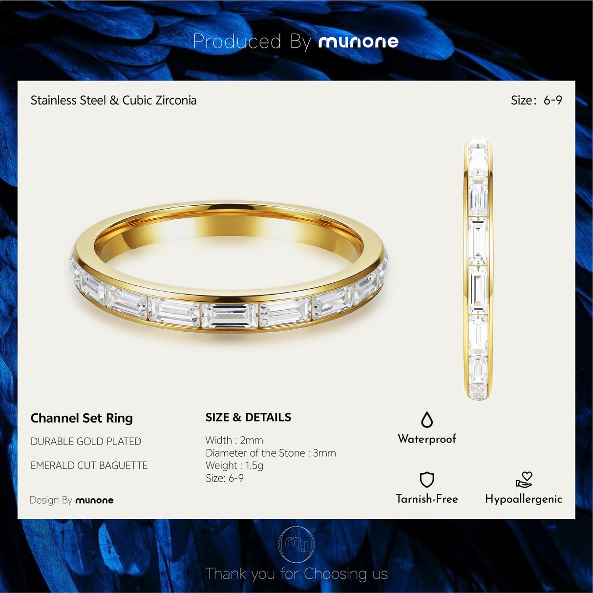 munone 2mm Channel Set Baguette CZ Eternity Wedding Band Ring for Women