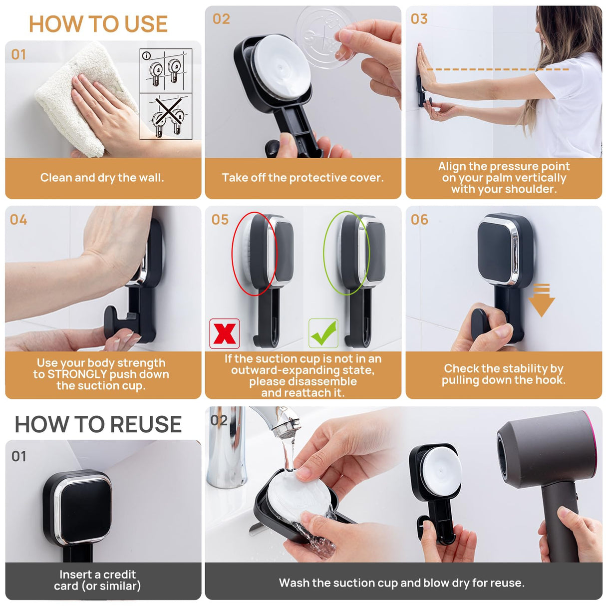 LEVERLOC 4 Pack Suction Cup Hooks for Inside Shower, Powerful Vacuum Suction Shower Holder for Towel, Loofah, Clothes, Damage Free Hanging Bathroom Wall Hooks, Easy to Install and Remove, Black