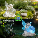 RATUEJIA Solar Fairy Garden Statue, Outdoor Waterproof Resin Fairy Figurine Lights with Cracked Glass Ball, Fairy Garden Decor for Yard Patio Lawn, Ideal Gift for Women & Garden Lovers