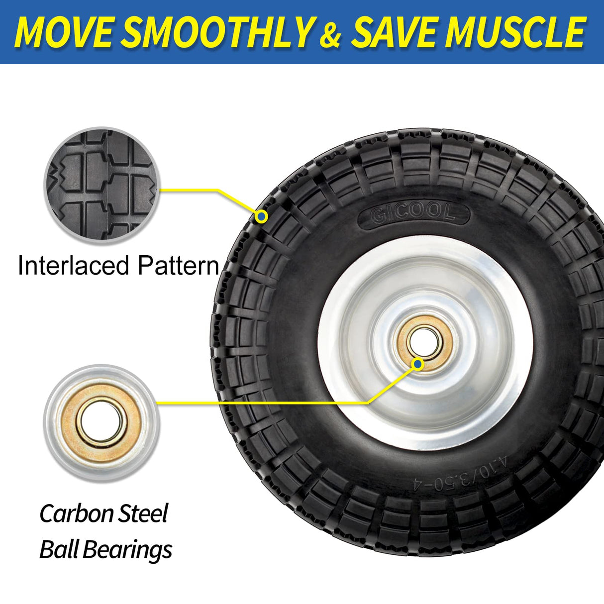 GICOOL 4.10/3.50-4" Flat Free Tire and Wheel, 10" Heavy Duty Solid Tire, 5/8" Axle Bore Hole, 2.2" Offset Hub, for Hand Truck Garden Cart Wagon Trolley Dolly Replacement, 2 Pack