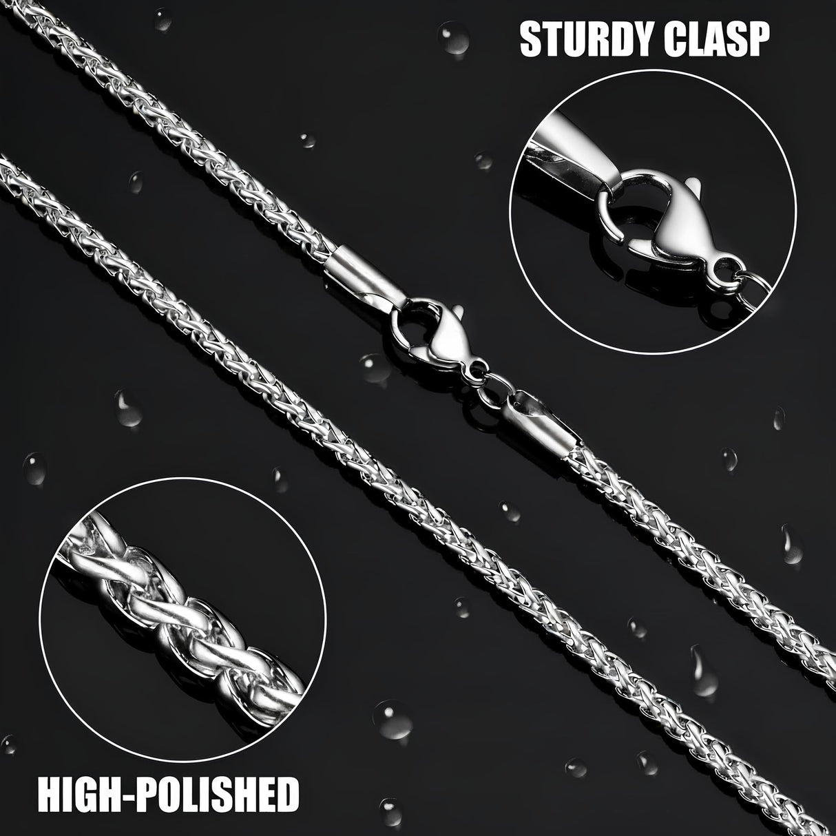 Fiusem 2.5mm Silver Tone Wheat Chain for Men, 24 Inches