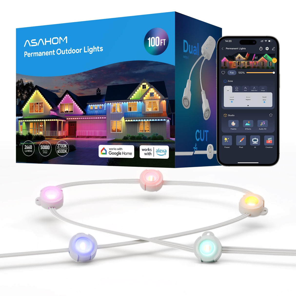 ASAHOM AI Permanent Outdoor Lights S107B, 100FT with 72 RGBCW LED Lights and Dual Output, 30,000 Lighting Effect Combination, IP67 Waterproof for House Halloween Christmas and Daily Decoration, White