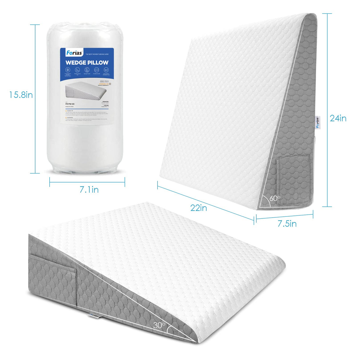 Forias 7.5" Wedge Pillow for Sleeping Bed Wedge Pillow for After Surgery Triangle Elevated Pillow Wedge for Acid Reflux Gerd Snoring Back Pain, Air Layer Removable Machine Wash Cover | Memory Foam Top