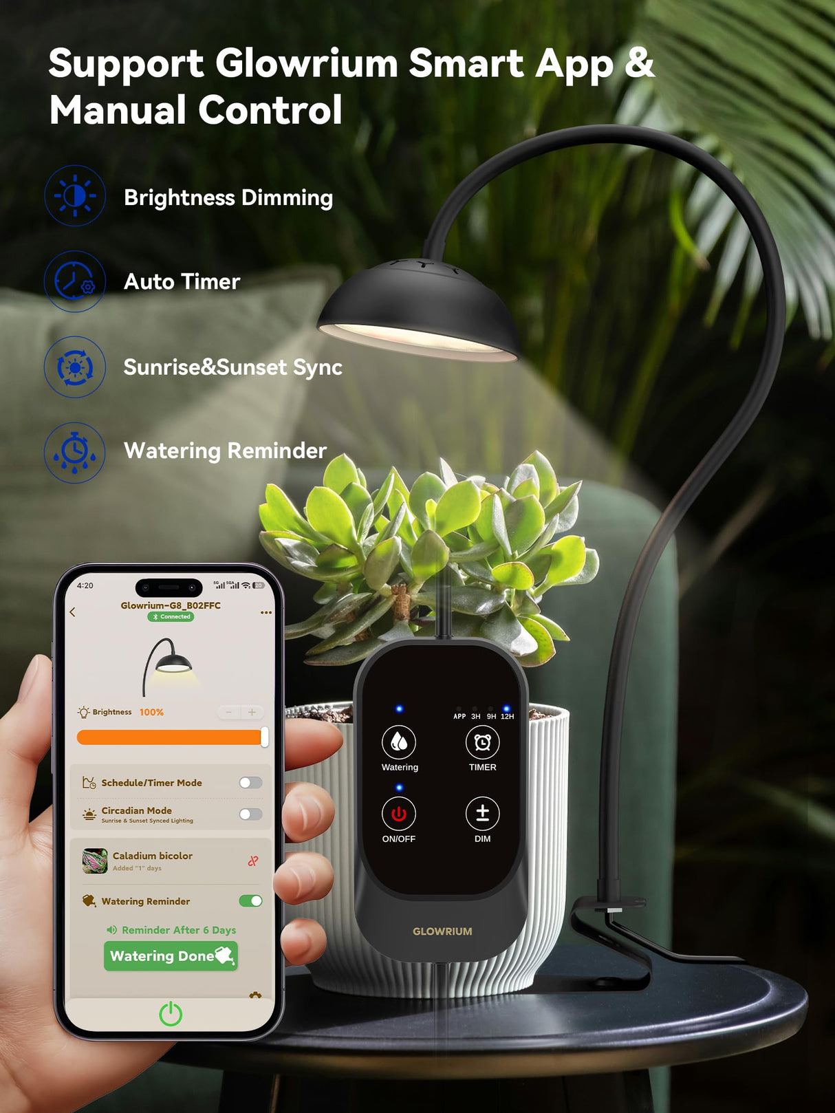 GLOWRIUM Smart Grow Lights for Indoor Plants,10W Full Spectrum Plant Lights with Bluetooth App Control, 360° Flexible Gooseneck Grow Lamp, Auto Timer 3/9/12Hrs, 10 Brightness for Small Plants, Black