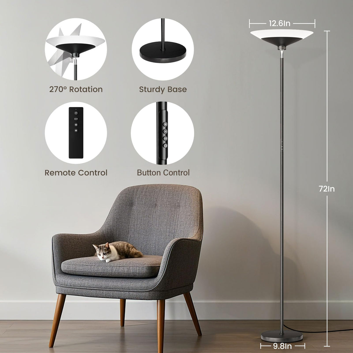 SIBRILLE Torchiere Floor Lamp - 72" Tall LED Standing Lamp with Remote/Button Control, 1800Lm, 3000-6500K, 30W Dimmable Modern Corner Floor Light for Living Room Bedroom Office Apartment, Black