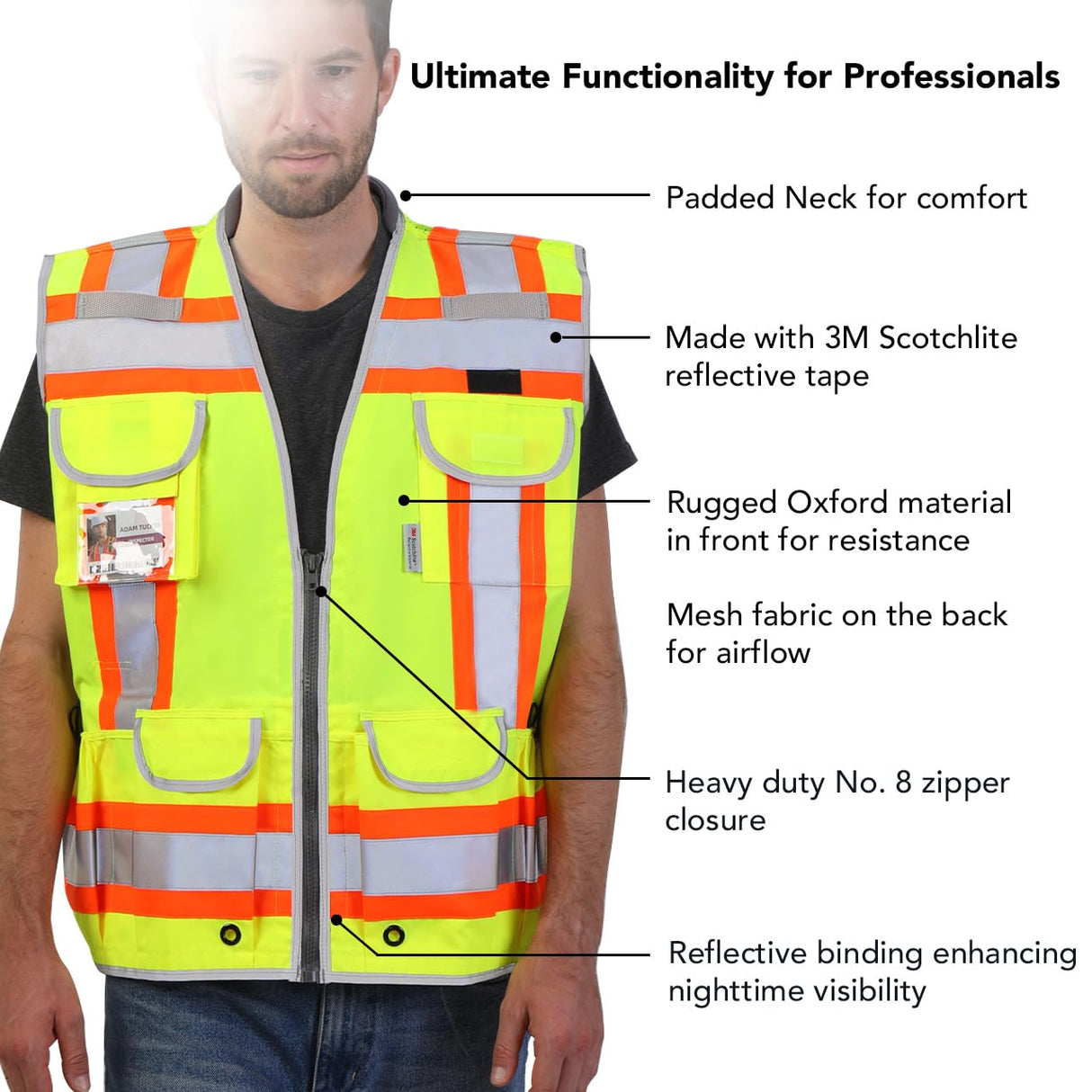 Dib Safety Reflective Vest Heavy Duty, High Visibility Two Tone Engineer Vest, Padded Collar, Retractable ID Pocket, Made with 3M Reflective Tape, Yellow 3XL