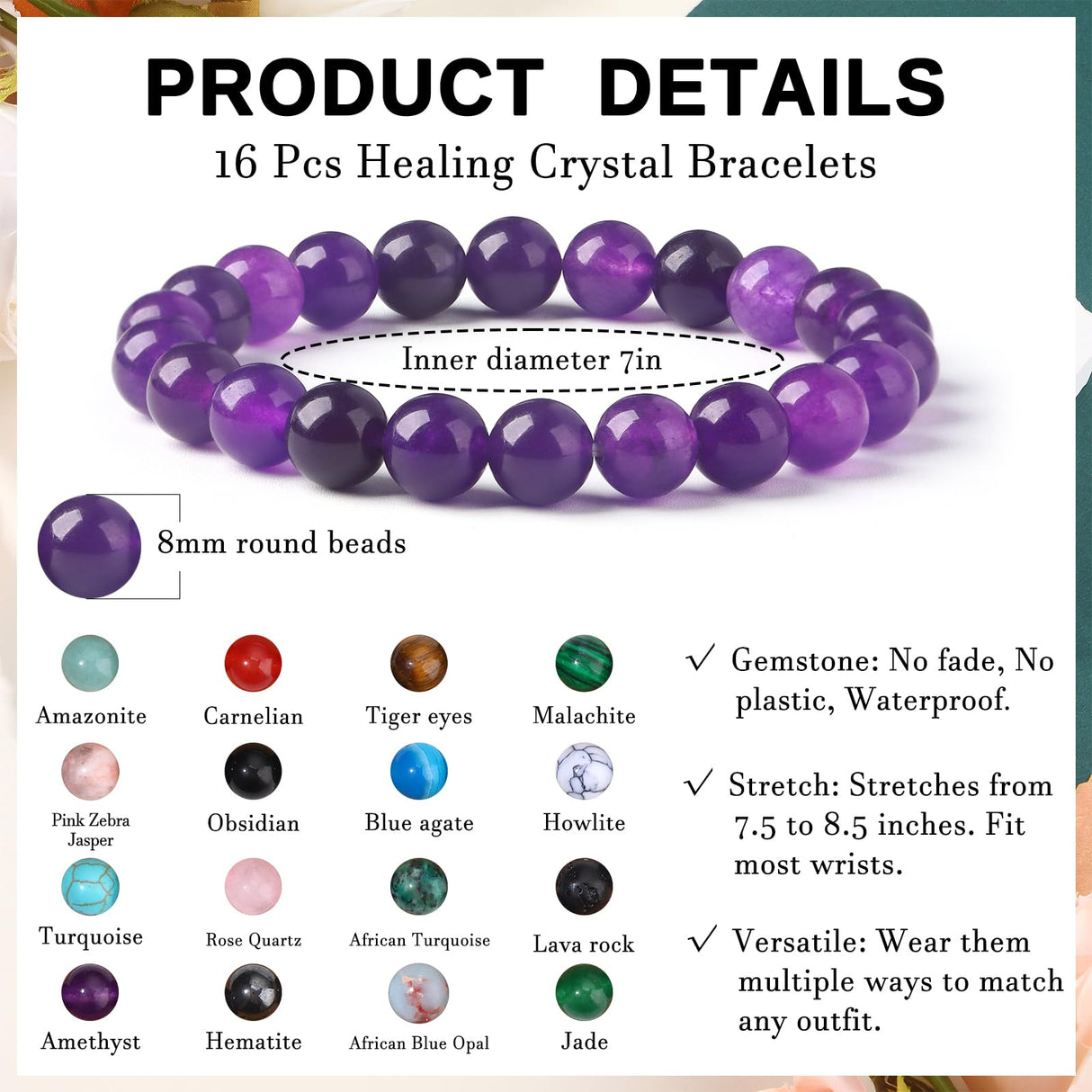 JEWPARK 16PCS Semi-Precious Gemstone Beaded Bracelets for Women