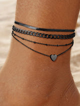 FOCALOOK Anklets for Women Waterproof, 3 Pcs Black Ankle Bracelets for Women Plus Size Adjustable Cuban Figaro Link Chain Heart Charm Anklets Set for Summer Beach Gift