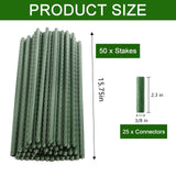 Frcctre 50 Pack 16 Inches Garden Stakes with 25 Connectors, Connectable Plant Support Stakes Plastic Coated Metal Tomato Sticks Plant Climbing Support for Tomatoes, Cucumber, Beans, Potted Plants