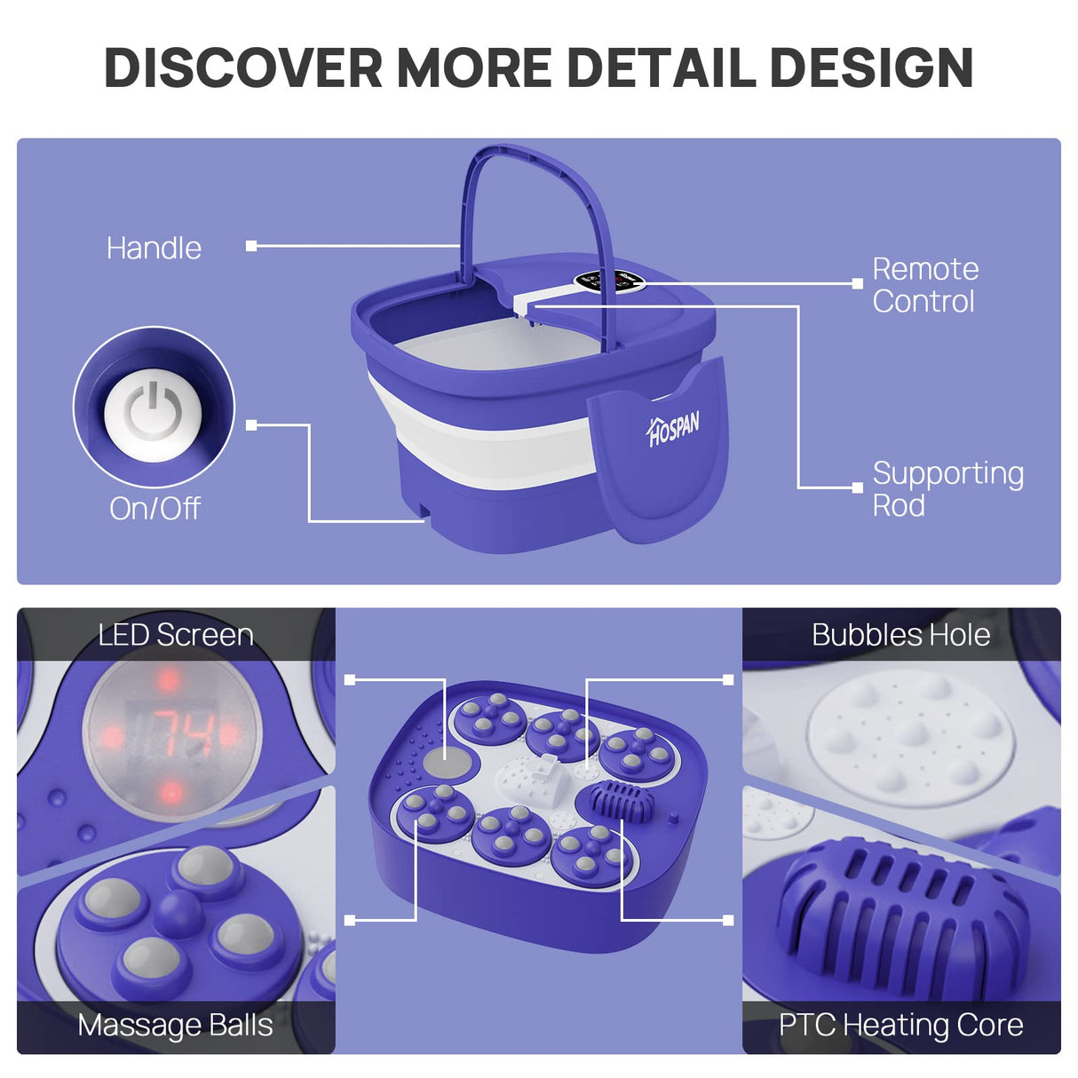 HOSPAN Collapsible Foot Spa Electric Rotary Massage, Foot Bath with Heat, Bubble, Remote, and 24 Motorized Shiatsu Massage Balls. Pedicure Foot Spa for Feet Stress Relief - FS02A