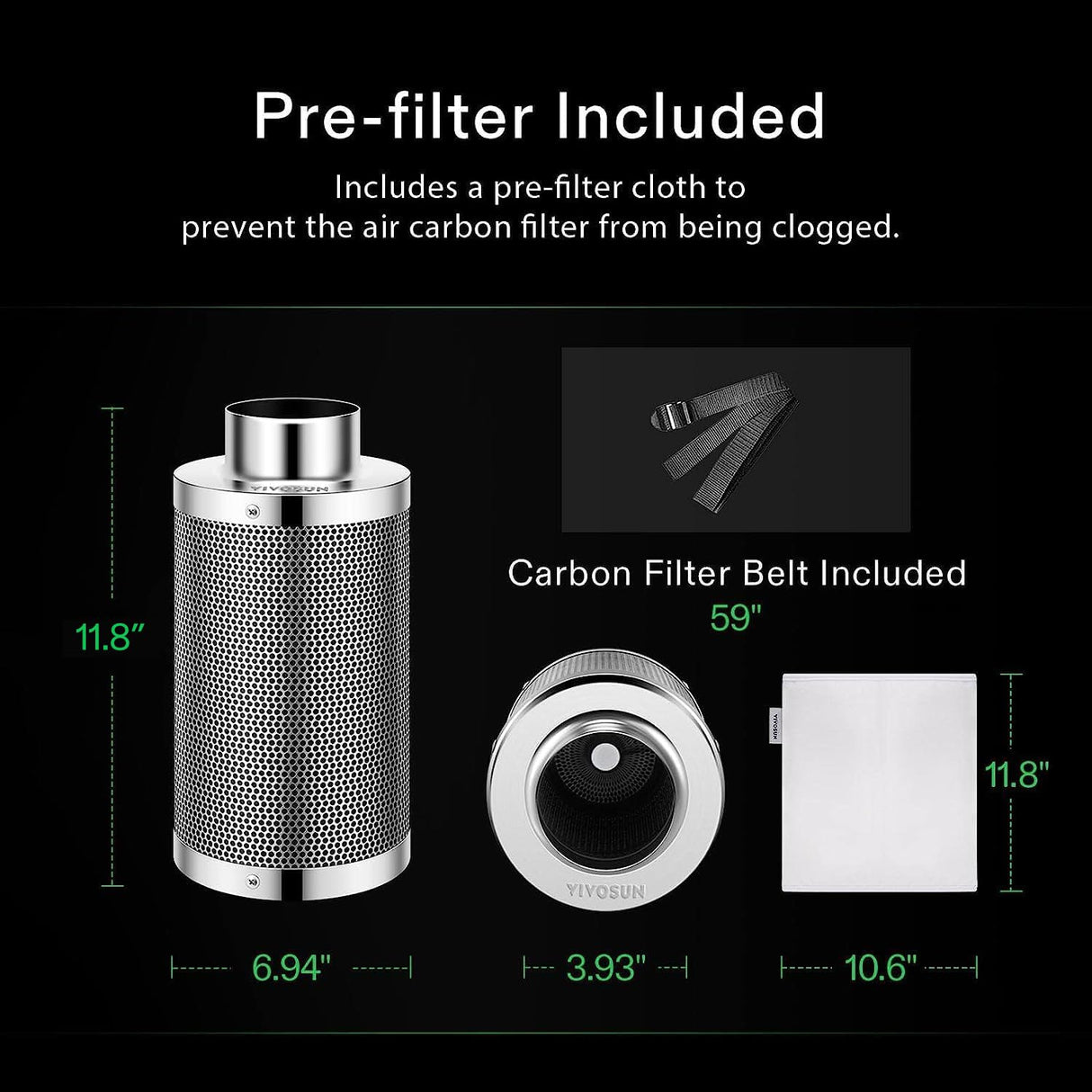 VIVOSUN 4" Carbon Filter & Pre-Filter 223 CFM for Inline Fan, Silver