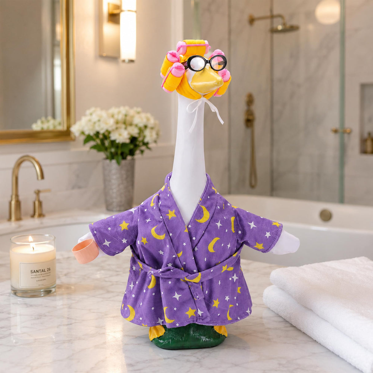 DECOHS 4 Pcs Bathrobe Porch Goose Outfit, Lawn Goose Statue Costume with Star and Moon Print, Yard Goose Bathrobe Curlers Glasses Cup Outfit for 23" Statue Patio Garden Decoration (Purple)