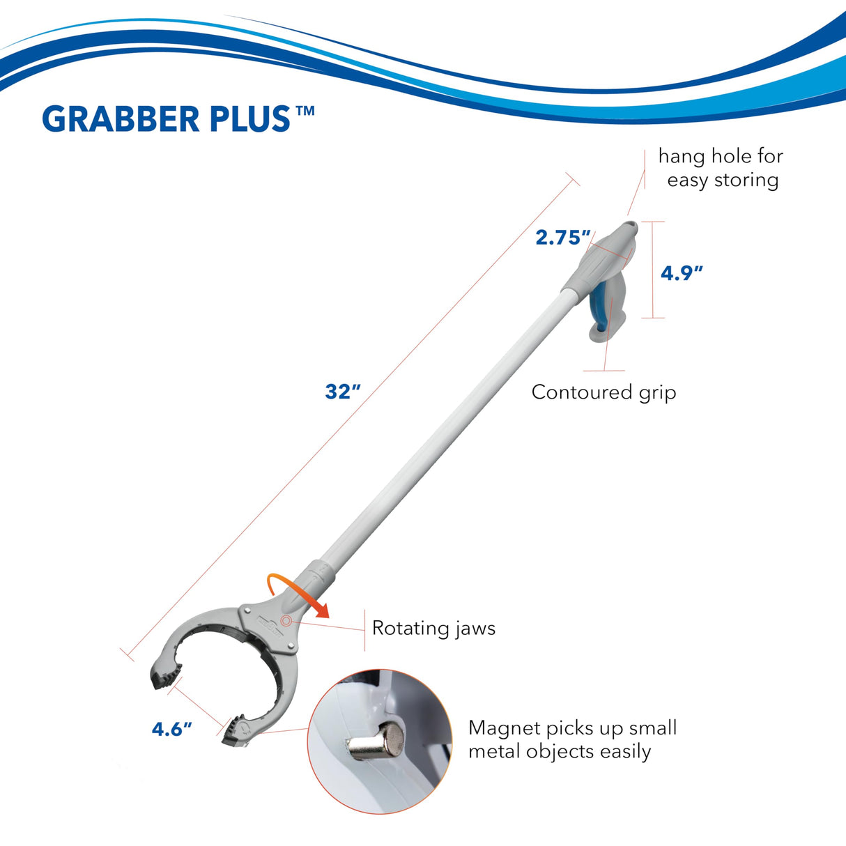 Unger 32” Grabber Plus Reacher – Reacher Grabber Tool & Trash Picker, Built-In Magnet & Ergonomic Grip, Grabber Reacher, Claw Grabber Tool, Reacher’s & Grabbers for Seniors, Trash Picker Upper Tool, White