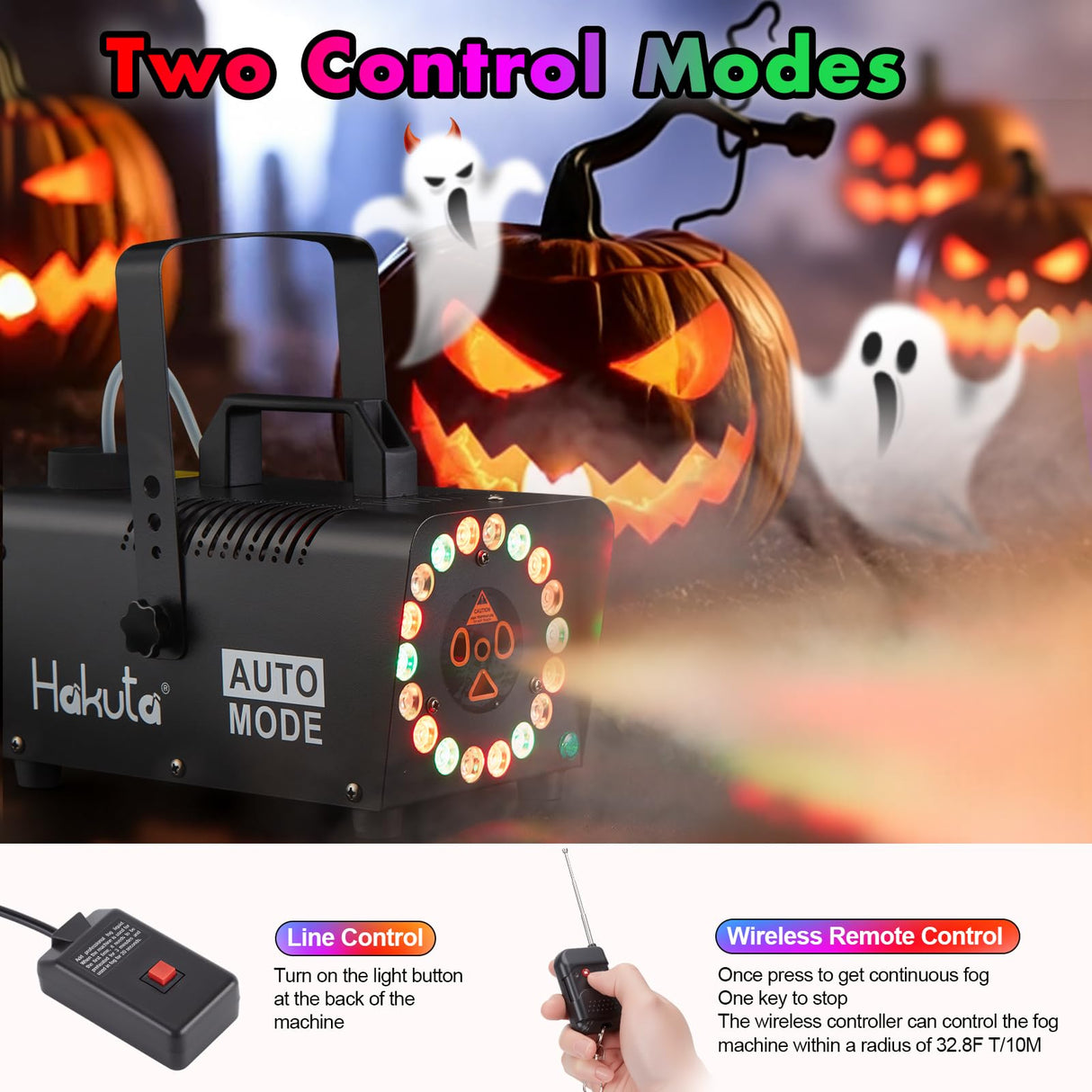 Hakuta Fog Machine, Smoke Machine with Racing, Jumping, Fading, Flashing LED Modes 18 Colorful LED Lights 2300 CFM Spray Automatic Smoke Machine, Great for Halloween, Christmas, Wedding and Parties
