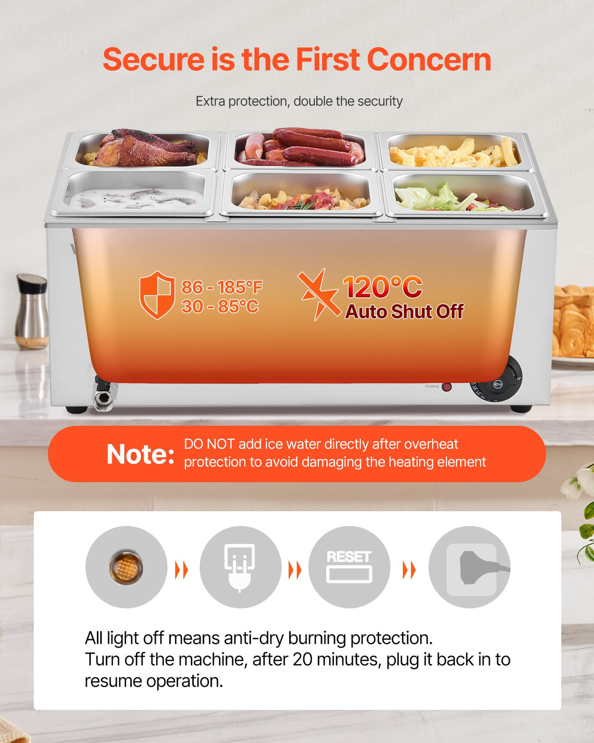 VEVOR 6-Pan Commercial Food Warmer, 24QT Electric Steam Table, 1200W Professional Countertop Stainless Steel Buffet Bain Marie with 86-185°F Temp Control for Catering and Restaurants, Silver