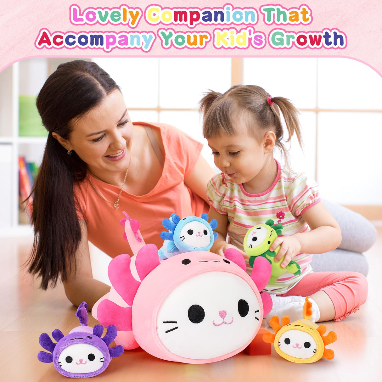 5 PCS Axolotl Cat Plush Stuffed Animal Family-19" Soft Axolotl Cat Plush, Large Mommy Plushies with 4 Baby Kittens Plushies for Kids, Kawaii Plushie Toy Christmas Birthday Gifts for Kids Boys Girls